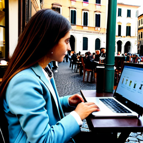 Home 4 **
"A fully clothed student, appropriate attire, sitting at an outdoor cafe in Rome, Italy, working on a laptop, enjoying a cappuccino. Background shows a bustling street scene with people and Vespas. Safe for work, professional quality, perfect anatomy, natural proportions, well-formed hands, proper finger count, family-friendly."
**