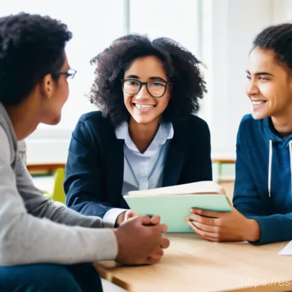 해외연수코디네이터 피드백 관리 - **Prompt:** A warm, inviting scene in a brightly lit student lounge or common area. A diverse group ...