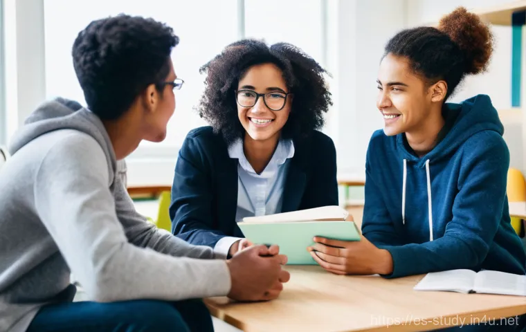 해외연수코디네이터 피드백 관리 - **Prompt:** A warm, inviting scene in a brightly lit student lounge or common area. A diverse group ...
