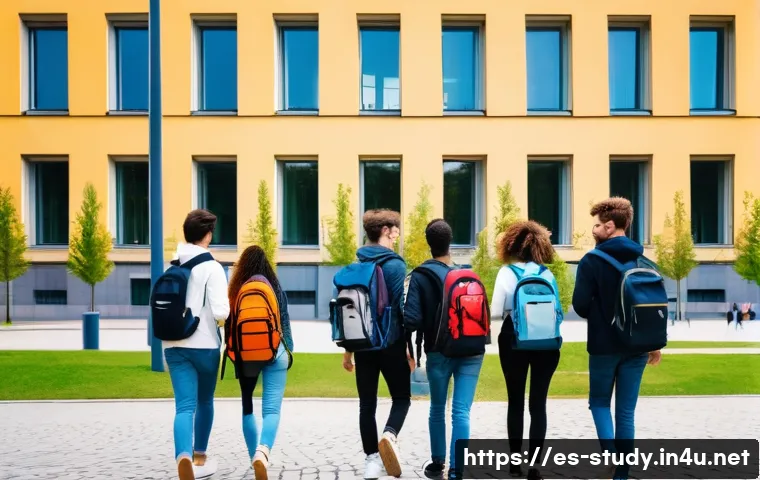 해외연수코디네이터 해외 연수 준비 - A vibrant urban scene showing diverse international students walking near a famous European universi...
