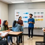 Home 18 해외연수코디네이터 문화 차이 이해 - A vibrant classroom scene showing a diverse group of international students engaging in a cultural e...