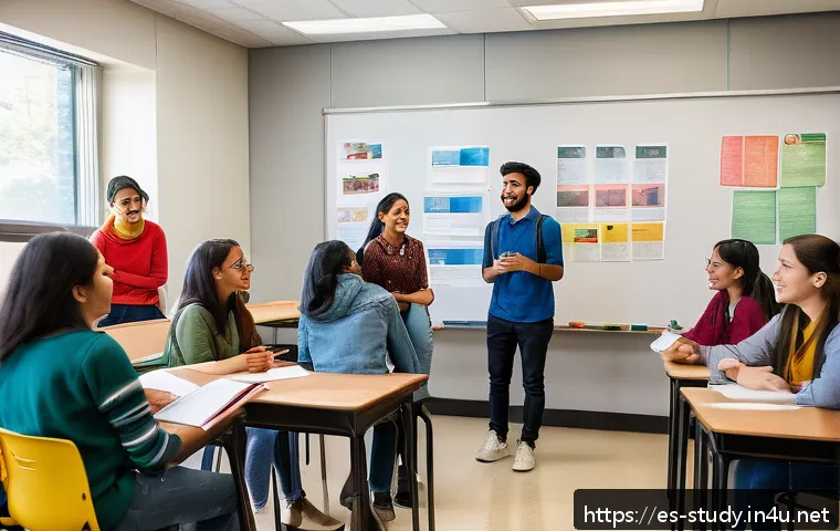 해외연수코디네이터 문화 차이 이해 - A vibrant classroom scene showing a diverse group of international students engaging in a cultural e...
