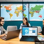 Home 23 해외연수코디네이터 이론 - A vibrant office scene showing a diverse team of international study abroad coordinators collaborati...