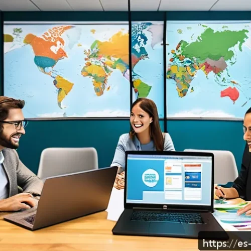 Home 17 해외연수코디네이터 이론 - A vibrant office scene showing a diverse team of international study abroad coordinators collaborati...