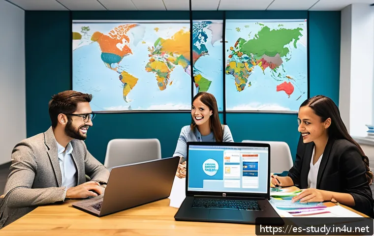 해외연수코디네이터 이론 - A vibrant office scene showing a diverse team of international study abroad coordinators collaborati...